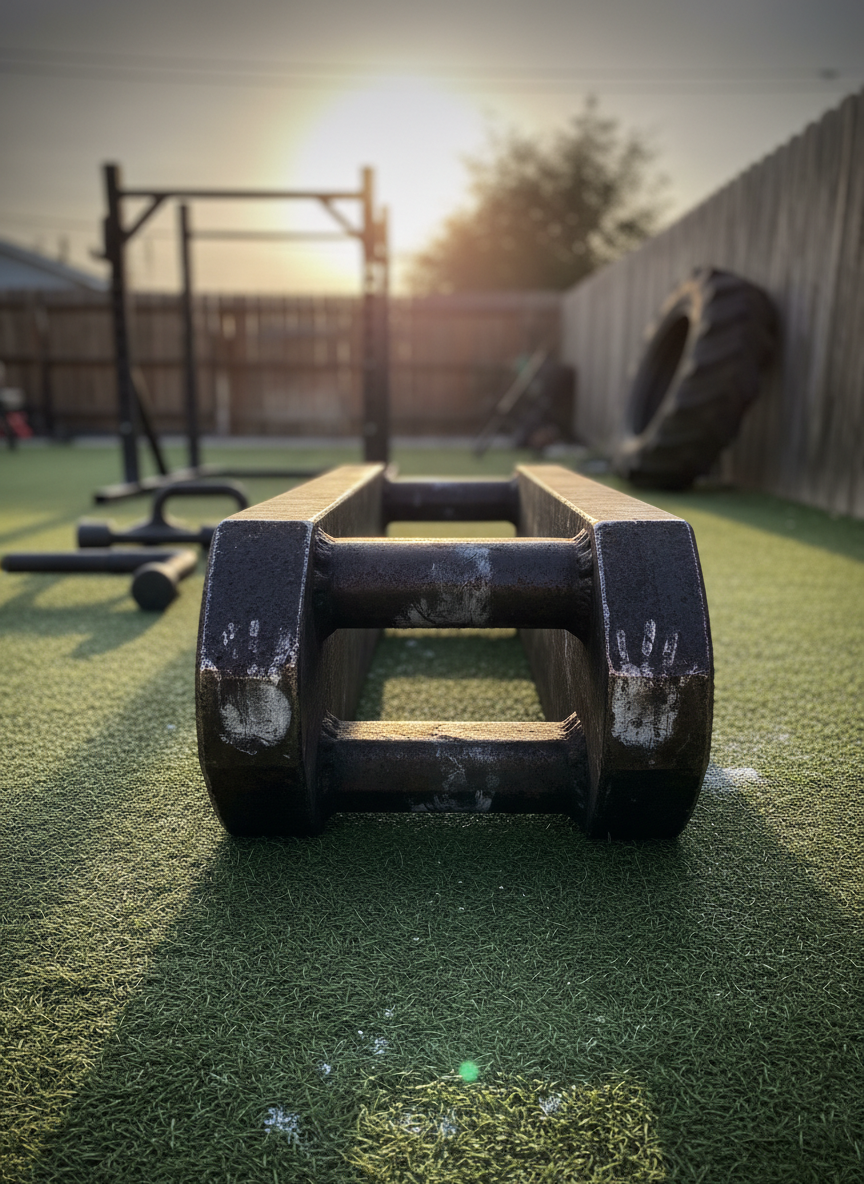 A sturdy, battle-worn strongman log press implement made of thick, dark steel with cutout handles and faded chalk handprints rests on a patch of slightly worn artificial turf. Behind it, an open backyard training space features a yoke frame, farmer’s carry handles, and a tractor tire, all partially out of focus. The sky glows with warm golden hour light, casting long, cinematic shadows across the turf and creating a rich, amber rim light along the edges of the log. Photographic realism, shot from a very low, front-facing angle to make the equipment feel massive and heroic. The mood is bold and aspirational, embodying outdoor, do-it-yourself strongman sessions often shared on social media.