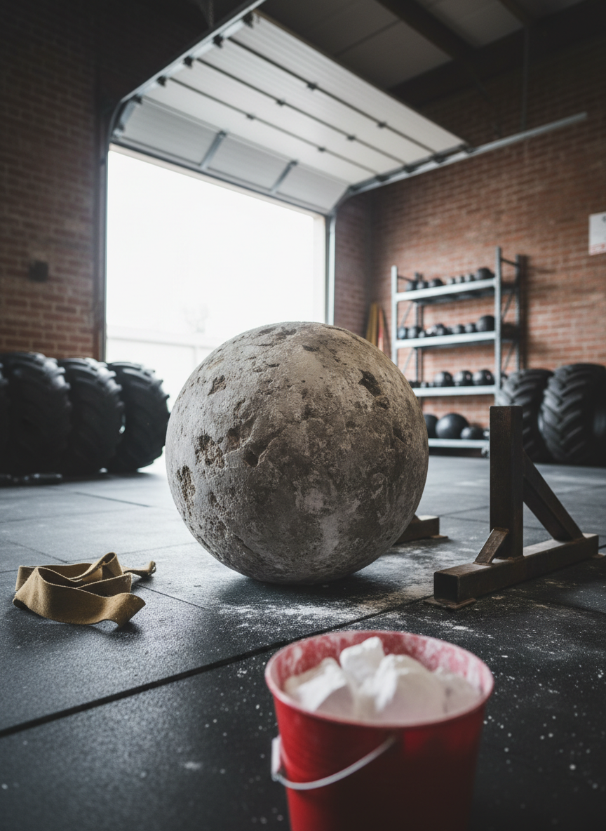 An imposing, sand-filled strongman training atlas stone with a rough, pitted concrete surface sits perfectly centered on a chalk-smeared rubber mat. Around it are scattered training accessories: thick lifting straps, a steel loading platform, and a bucket filled with chunky white chalk. The background shows an industrial-style garage gym with exposed brick walls, metal storage racks, and neatly stacked tires fading into a soft bokeh. Overcast daylight filters through an open garage door, creating diffused, moody lighting that wraps gently around the stone and emphasizes its texture. Photographic realism, low-angle perspective to make the stone appear monumental, with high contrast and a rugged, determined atmosphere that highlights the raw strength focus of strongman lifestyle.