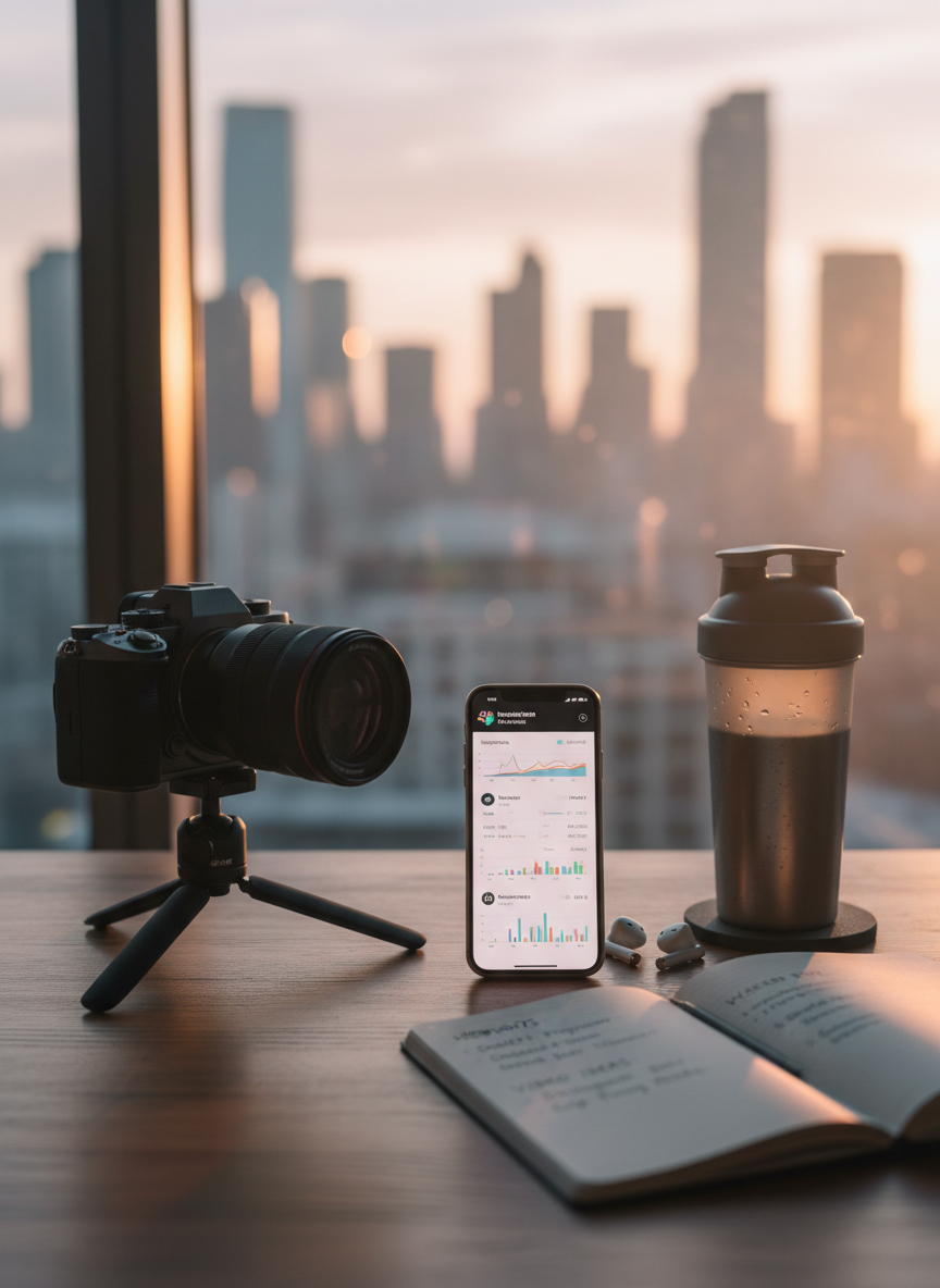 A meticulously arranged wooden desk setup displaying a content creator’s daily tools: a sleek mirrorless camera with a chunky lens, a smartphone showing an open social media analytics dashboard, a compact tripod folded neatly, and a notebook filled with handwritten workout ideas and video concepts. The desk sits near a large window overlooking a softly blurred urban skyline at sunrise. Gentle, diffused morning light pours in, casting soft reflections on the camera body and phone screen. A pair of wireless earbuds rests beside a stainless steel shaker bottle with condensation beading on its surface. Photographic realism, eye-level composition with rule-of-thirds framing, creating a calm yet productive atmosphere that captures the balance between strongman training and influencer content planning.