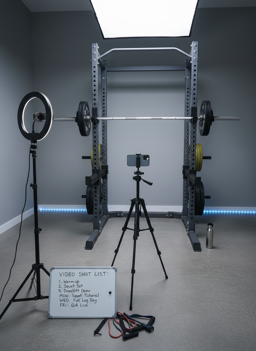 A minimalist content creator’s corner in a small home gym: a compact ring light on a telescoping stand, a smartphone mounted horizontally, and a clean black tripod positioned in front of a power rack loaded with moderate weight. On the floor lies a whiteboard with a handwritten video shot list and posting schedule. Cool LED strip lighting runs along the base of the wall, adding a subtle blue accent glow behind the rack. Overhead softbox lighting creates even, flattering illumination across the equipment, with minimal harsh shadows. Photographic realism, slightly elevated angle with wide framing to show the entire setup. The atmosphere is organized, modern, and tech-savvy, emphasizing how training sessions are seamlessly integrated with filming and sharing content.
